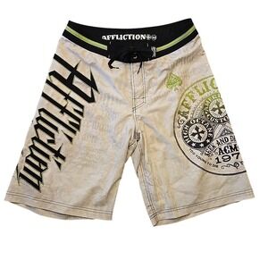 Affliction Board Shorts Mens 33 White Cross Fleur De Lis Graphic Embroidered